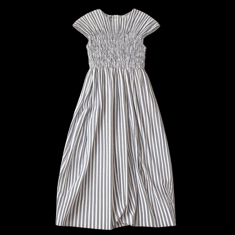 Navy & White Striped Smocked Maxi Midi Dress Size S Small